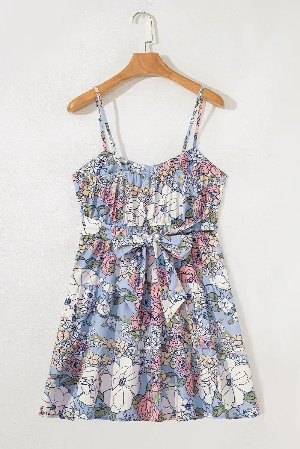 Sky Blue Floral Tiered Patchwork Spaghetti Strap Vacation Dress - Femstylo