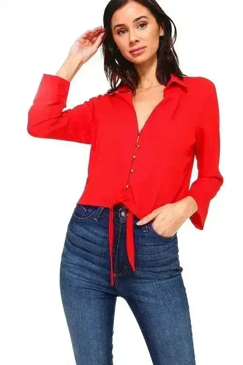 Solid Button Down Tie Front Blouse | Femstylo - Femstylo