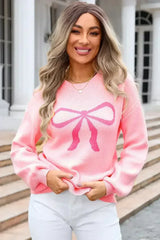 Pink Bow Round Neck Pullover Sweater - Femstylo