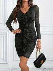 Metallic Ruffled V-Neck Long Sleeve Mini Dress - Femstylo