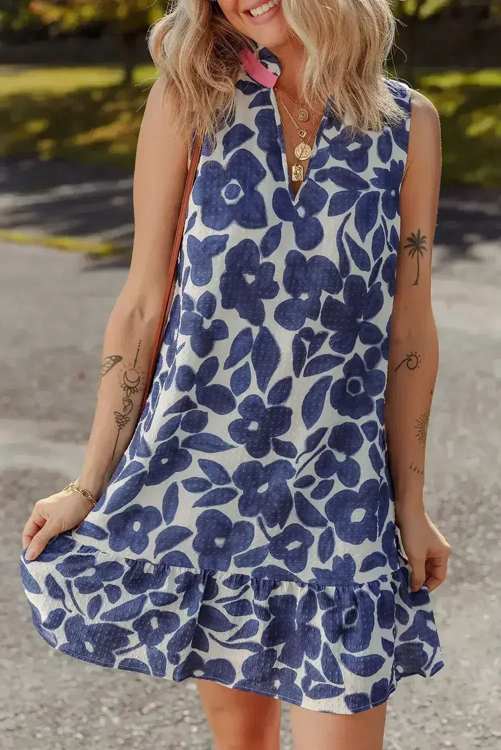 Blue Floral Sleeveless Notched V Neck Mini Dress - Femstylo