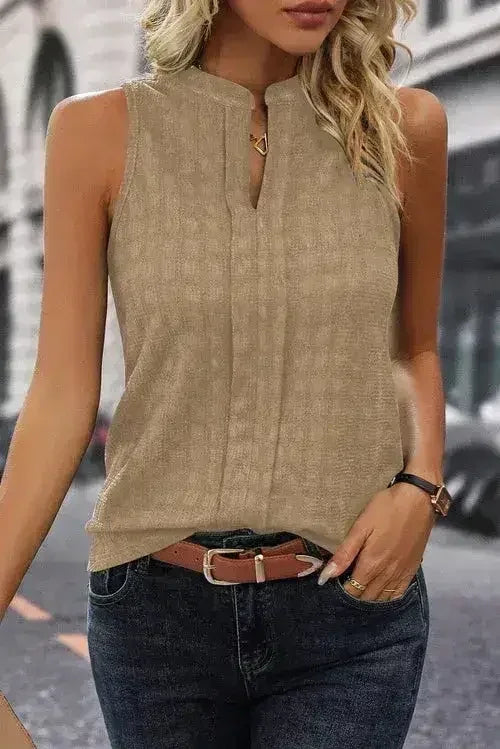 Black Lattice Textured Split Neck Tank Top - Femstylo