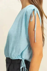 HYFVE Bubble Hem Side Tie Detail Round Neck Sleeveless Blouse - Femstylo