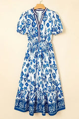 Blue Floral Ruffle Hem Pop of Color Neckline Dress - Femstylo
