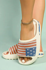 White Rhinestone American Flag Thick Sole Slides Shoes - Femstylo