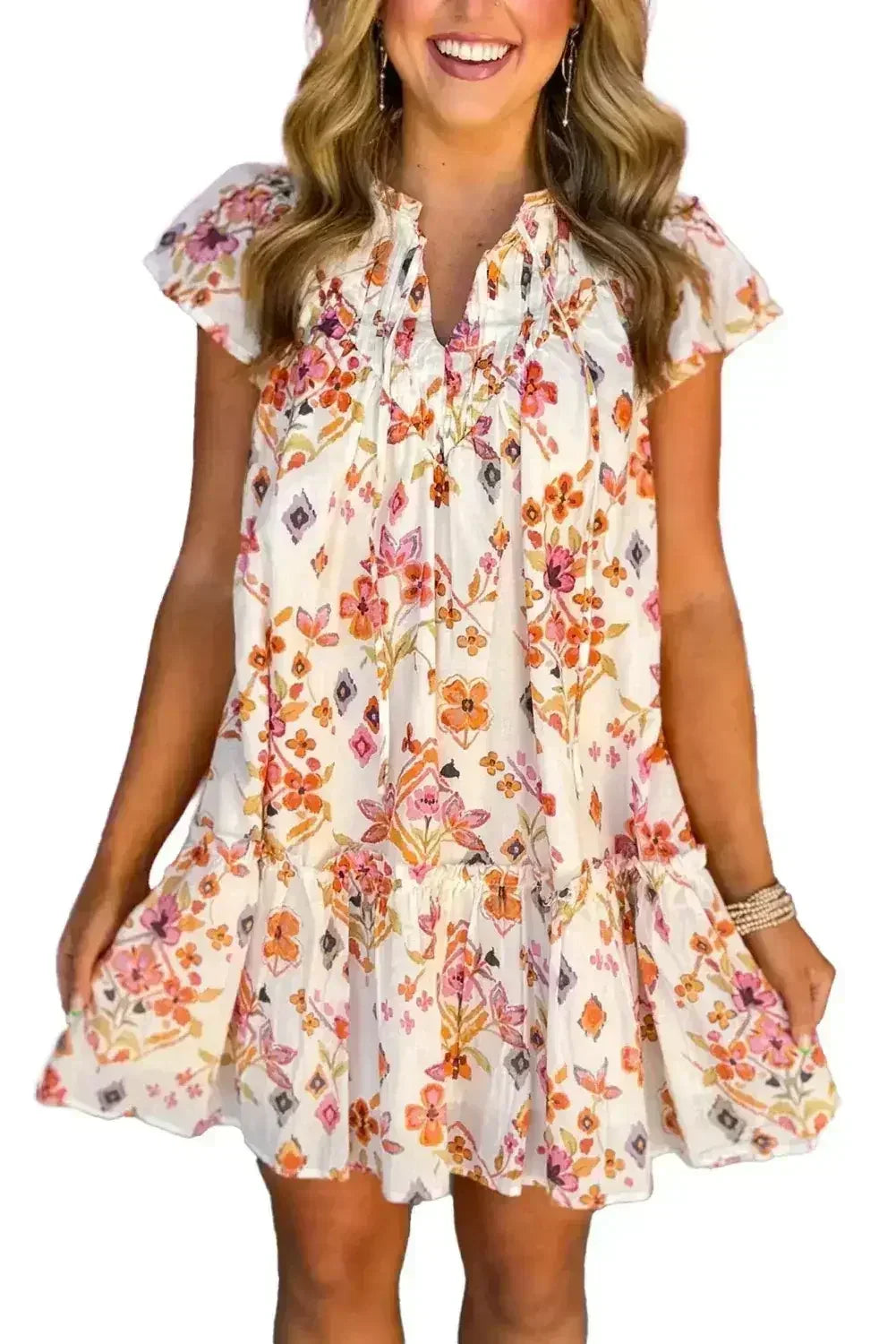 Apricot Floral Print Ruffled Trim Flutter Sleeve Mini Dress - Femstylo