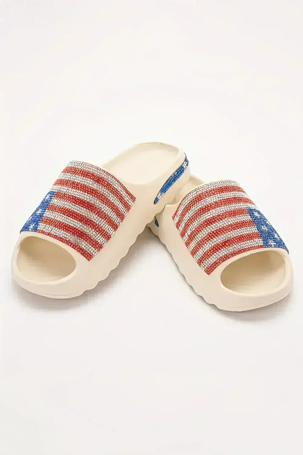White Rhinestone American Flag Thick Sole Slides Shoes - Femstylo