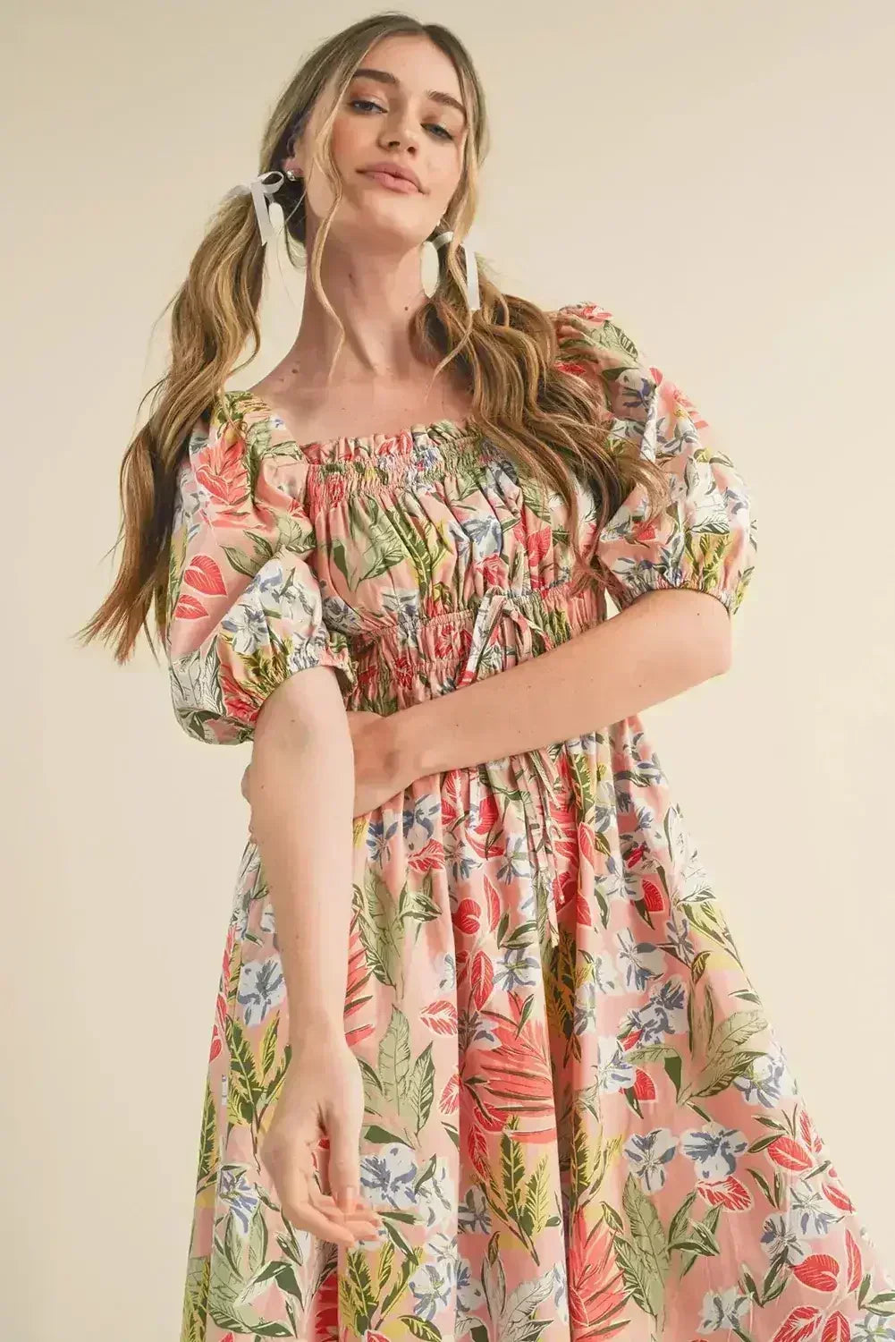 Apricot Pink Floral Knot Front Smocked Bubble Sleeve Dress - Femstylo