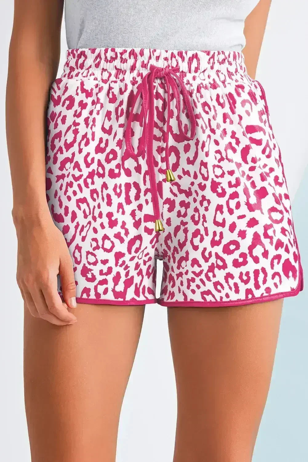 Blue Leopard Elastic Waist Lace up Contrast Trim Casual Shorts - Femstylo