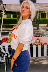 White Touchdown Tinsel Puff Short Sleeve Sweater - Femstylo