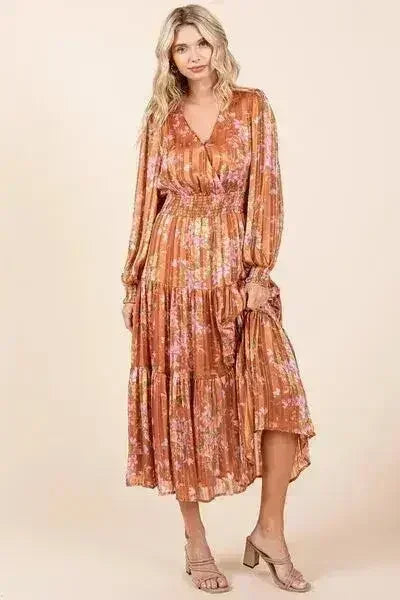 Mittoshop Flower Print Satin Lurex Stripe Smocked Midi Dress - Femstylo
