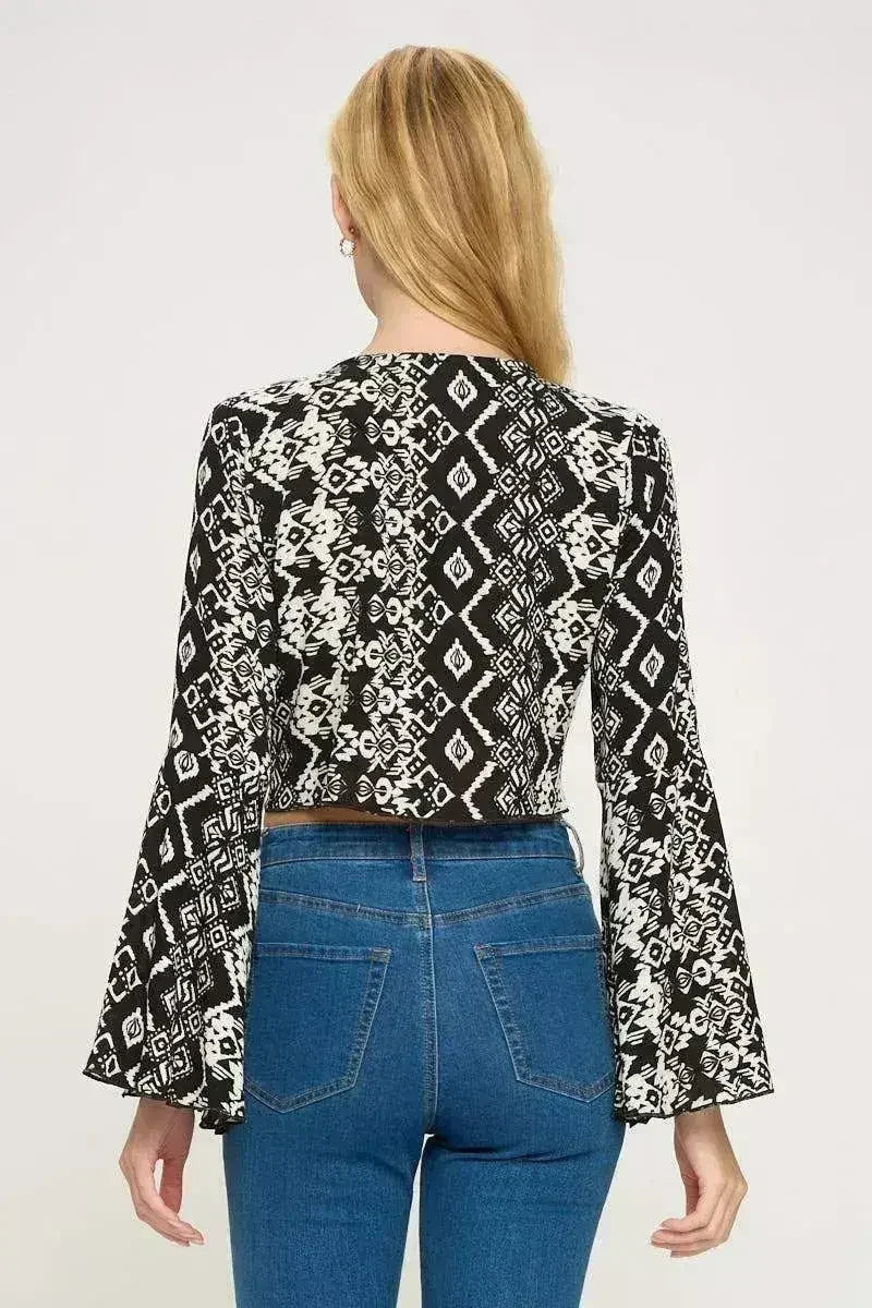 Boho Bell-Sleeve Crop Top | Floral Tie-Front | Sizes S-XL - Femstylo