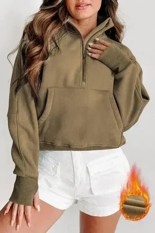 Brown Fleece Lined Zip Up Stand Collar Thumbhole Sleeve Sweatshirt - Femstylo