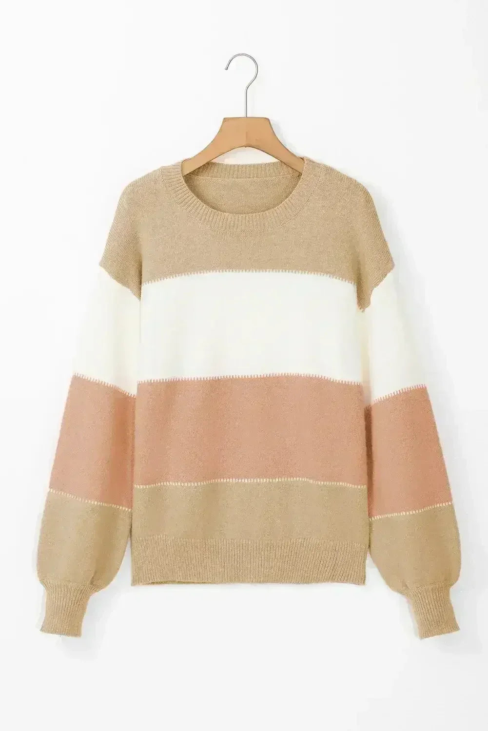 Dusty Pink Color Block Lantern Sleeve Drop Shoulder Sweater - Femstylo