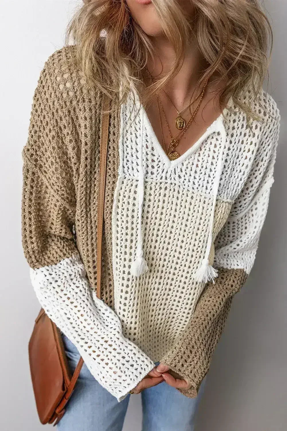 Brown Colorblock Hollow-out Tie V Neck Lightweight Sweater - Femstylo