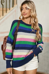 Bright Green Rainbow Striped Round Neck Drop Sleeve Sweater - Femstylo