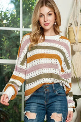 Multicolor Striped Hollowed Knitted Loose Sweater - Femstylo