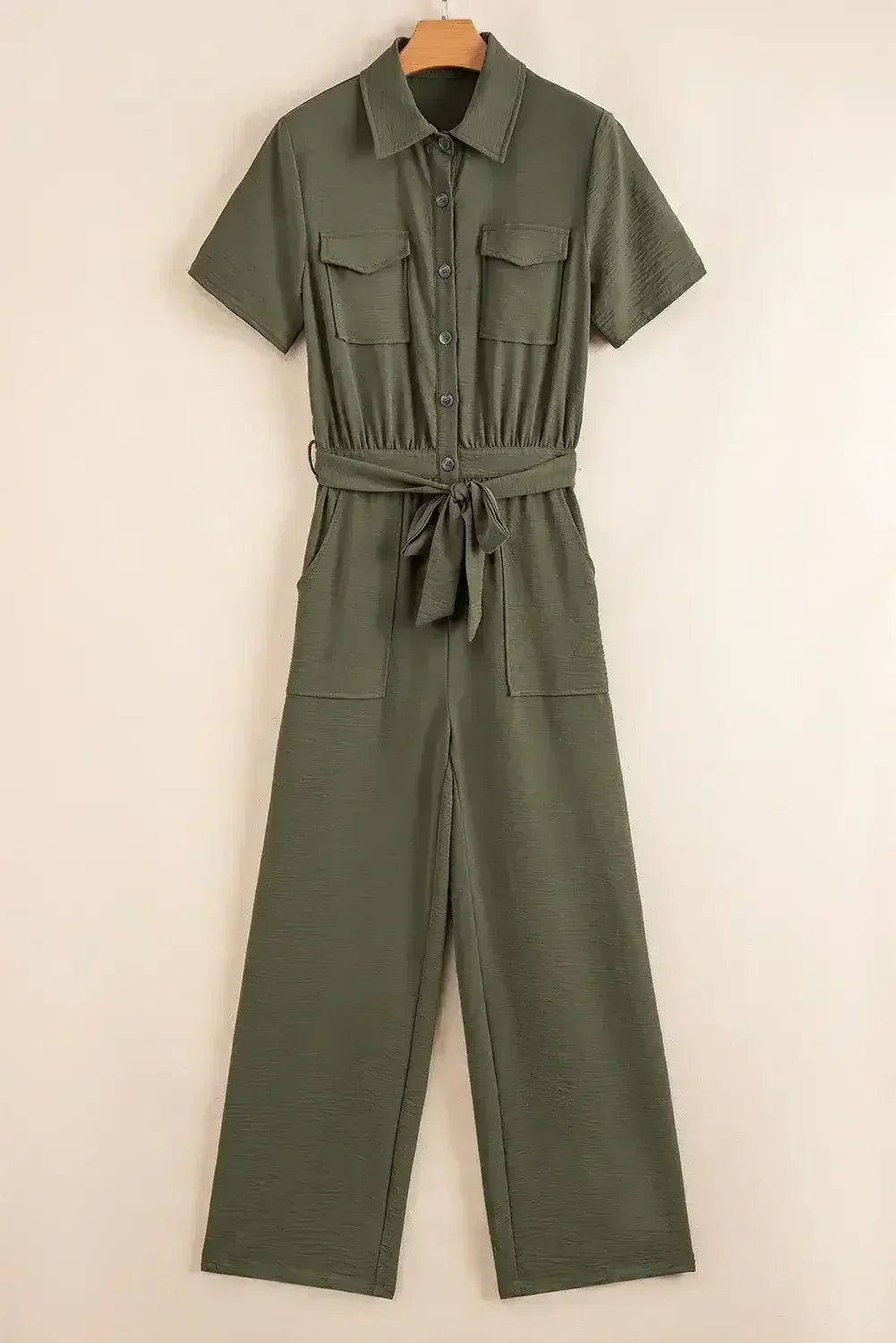 Moss Green Half Button Belted Utility Short Sleeve Jumpsuit - Femstylo