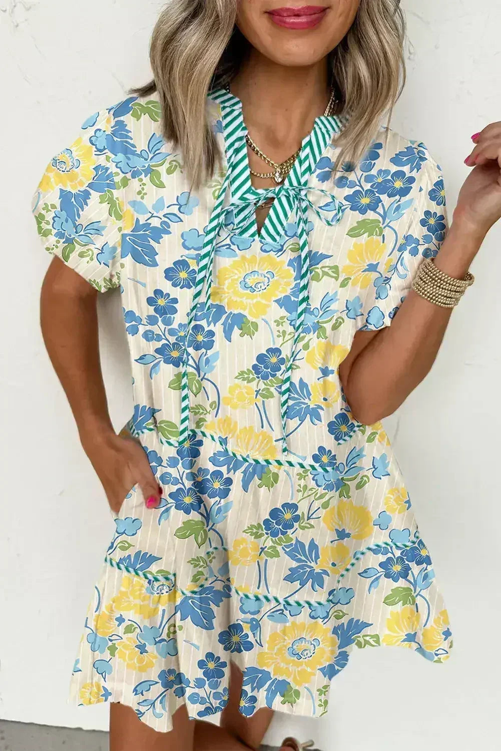Blue Floral Print Striped Trim Puff Sleeve Mini Dress - Femstylo