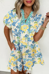Blue Floral Print Striped Trim Puff Sleeve Mini Dress - Femstylo