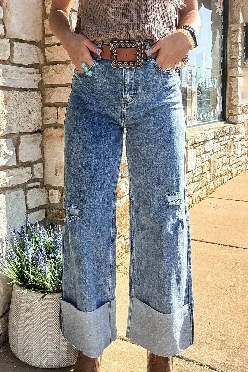 Ashleigh Blue Mineral Wash Distressed Wide Leg Jeans - Femstylo