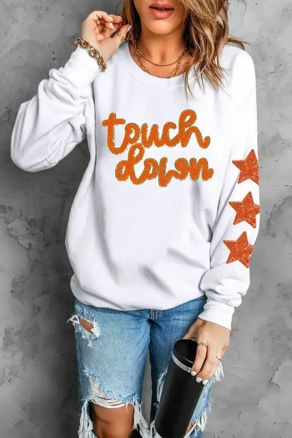 Beige Glittering Touch Down Patched Pattern Star Sleeve Sweatshirt - Femstylo