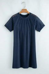Navy Blue Contrast Lace Raglan Sleeve Pleated Mini Dress - Femstylo