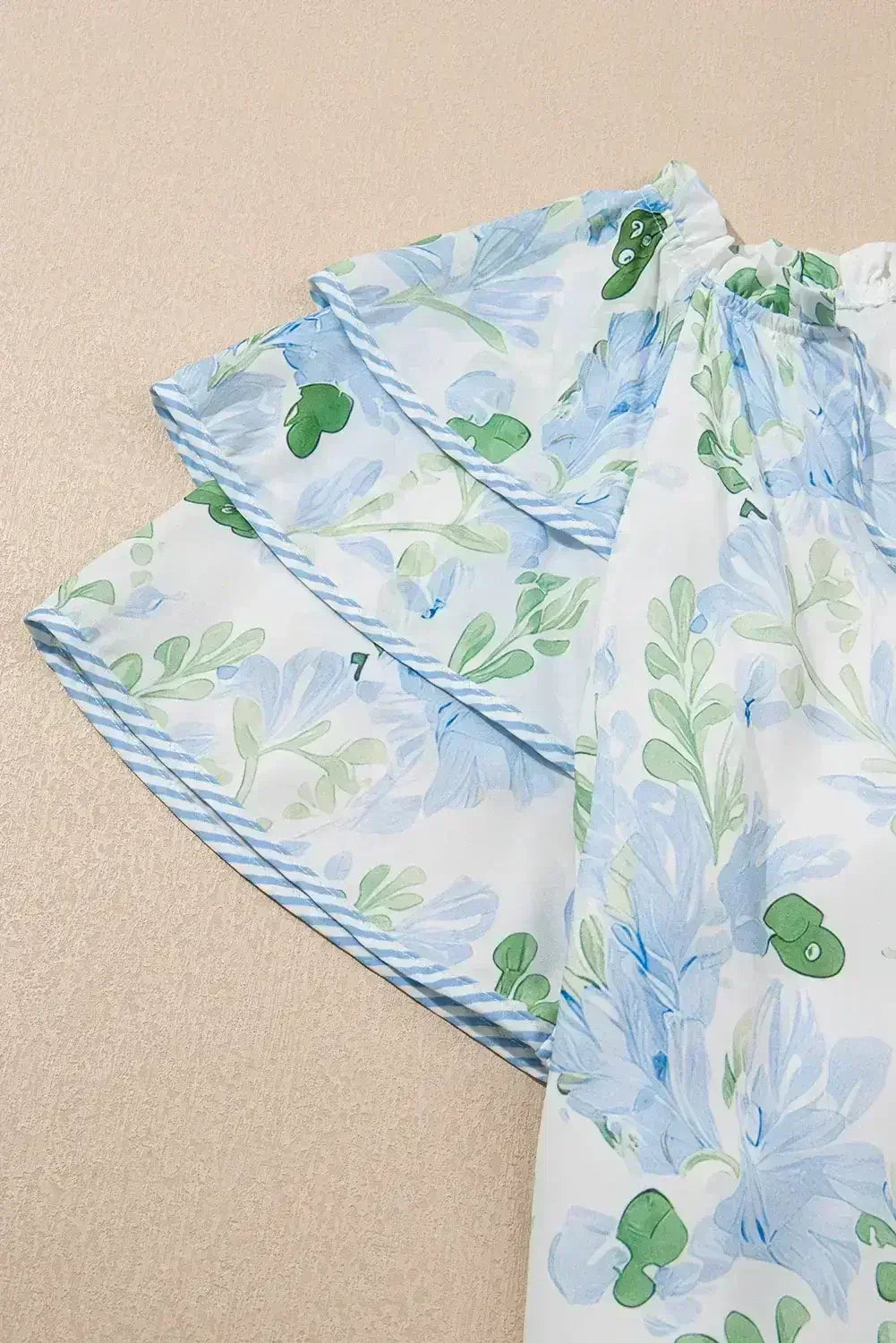 Sky Blue Floral Contrast Edge Ruffle Sleeve Tie Neck Mini Dress - Femstylo