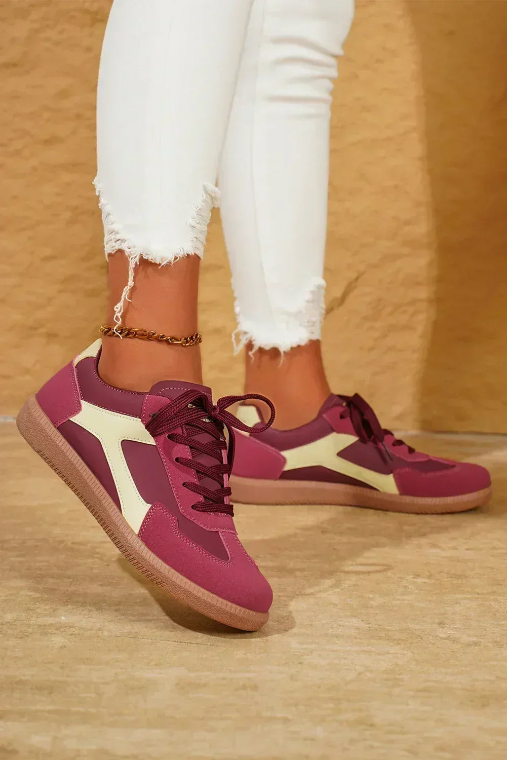 Red Colorblock Sneakers - PU Leather Lace-Ups - Cushioned Vegan Shoes