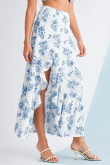 Sky Blue Boho Floral High Waist Ruffle Split Maxi Skirt - Femstylo