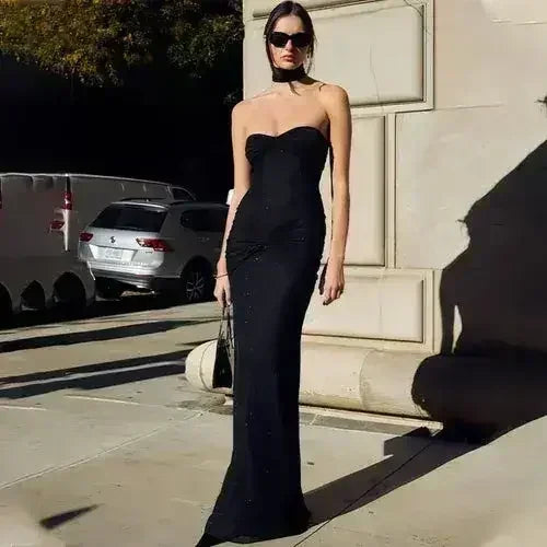Lightly Chest-wrapped Sequins Slightly Transparent Fishtail Gown Dress - Femstylo