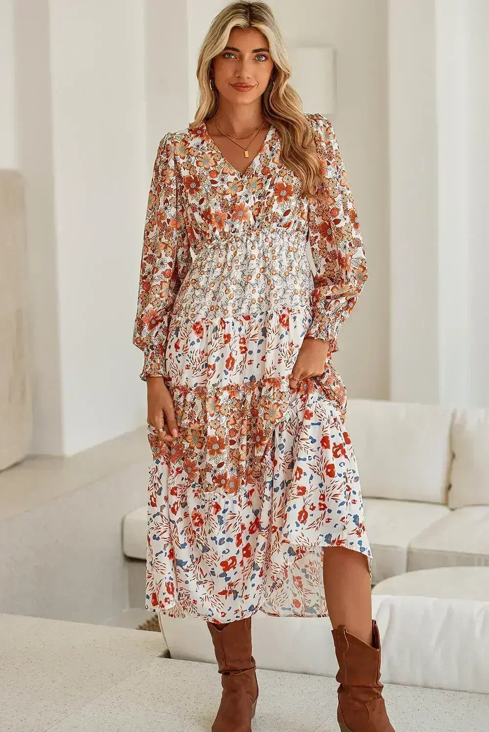 Khaki Floral Print Ruffled Tiered Long Sleeve V Neck Midi Dress - Femstylo