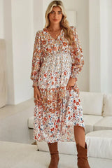 Khaki Floral Print Ruffled Tiered Long Sleeve V Neck Midi Dress - Femstylo