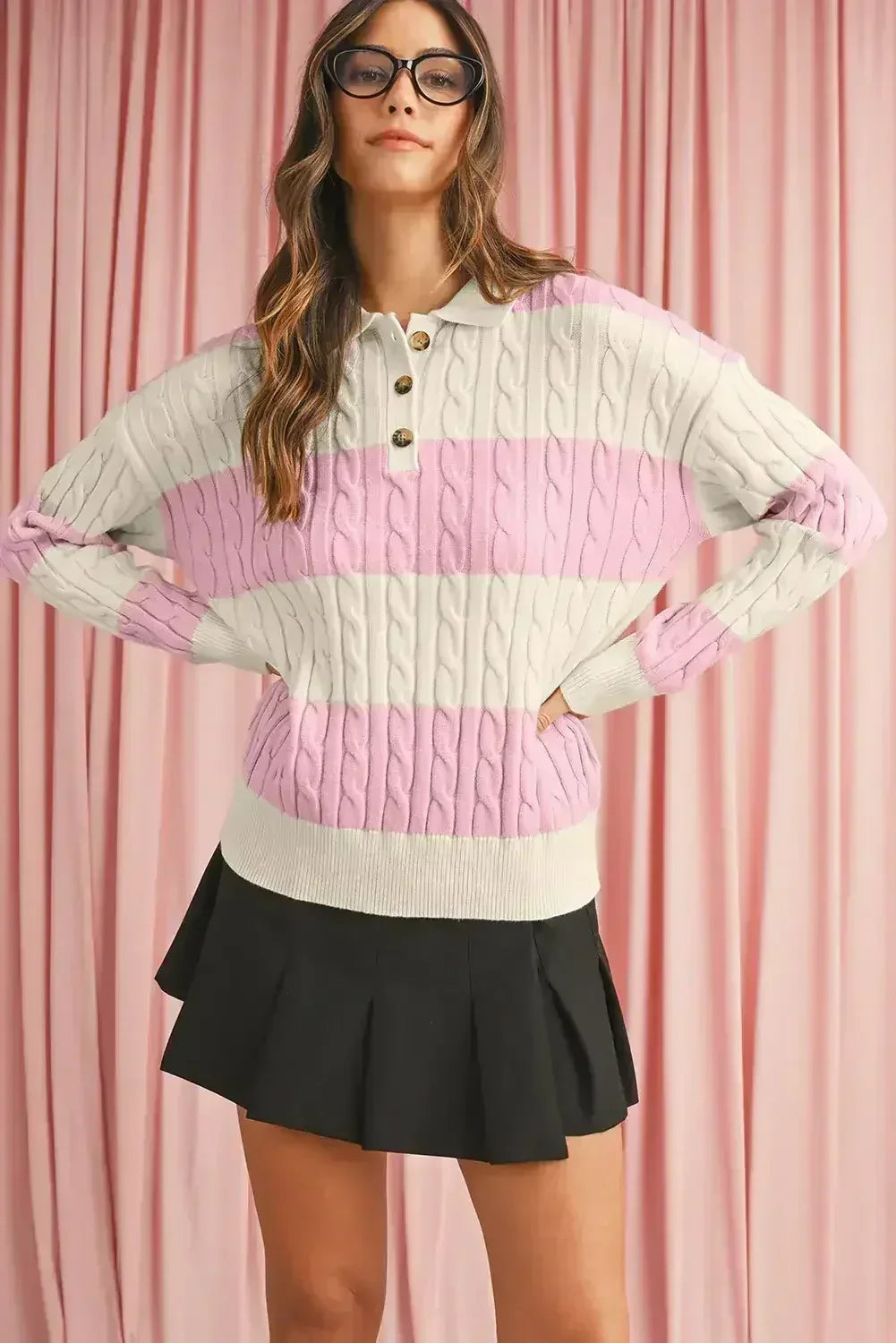 Pink Colorblock Button Collar Twisted Cable Knit Sweater - Femstylo