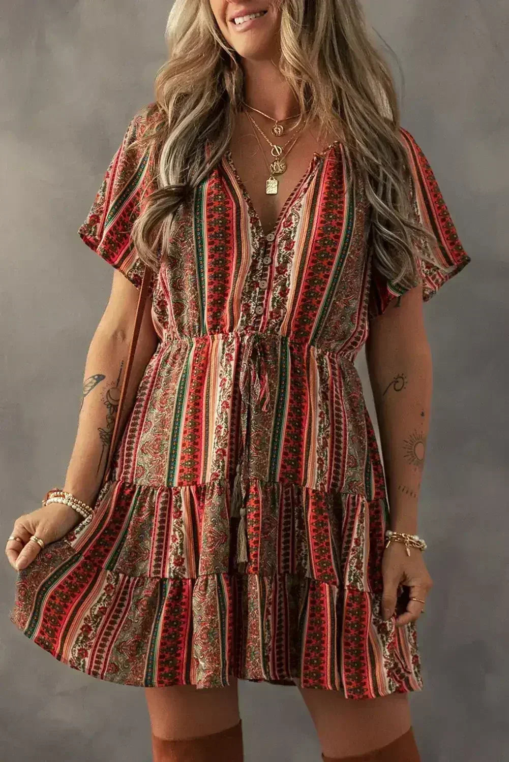 Red Bohemian Floral Print Buttoned V Neck Ruffle Tiered Dress - Femstylo