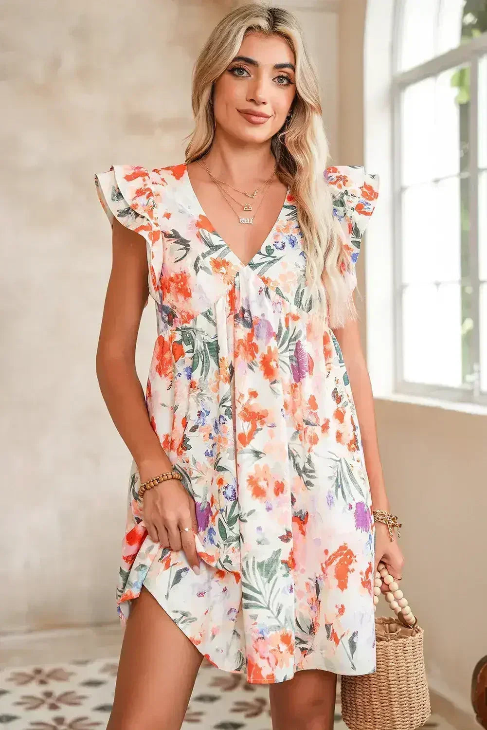 Pink Floral Ruffle Sleeve V Neck High Waist Mini Dress - Femstylo