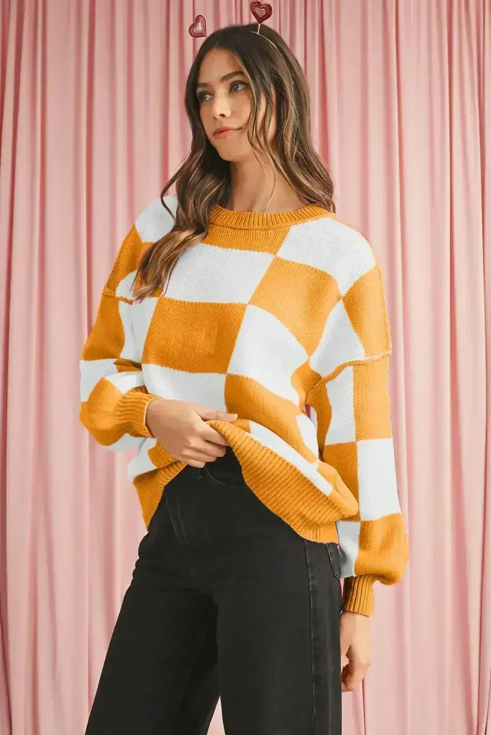 Green Checkered Bishop Sleeve Pullover Sweater - Femstylo