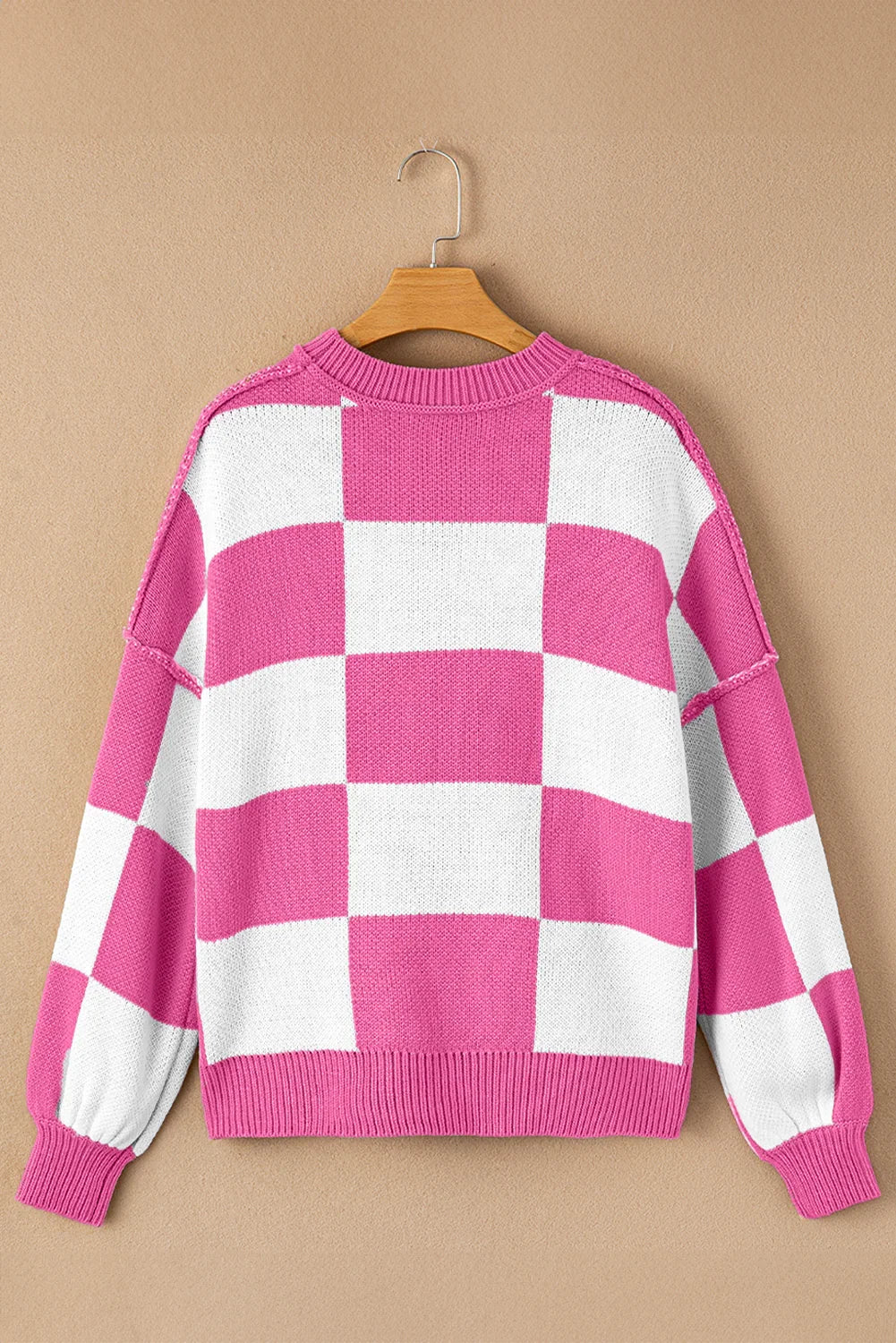 Dark Brown Plaid Bishop Sleeve Pullover Sweater