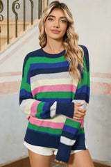 Bright Green Rainbow Striped Round Neck Drop Sleeve Sweater - Femstylo