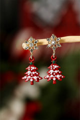 Fiery Red Pearl Embellished Christmas Tree Snowflake Earrings