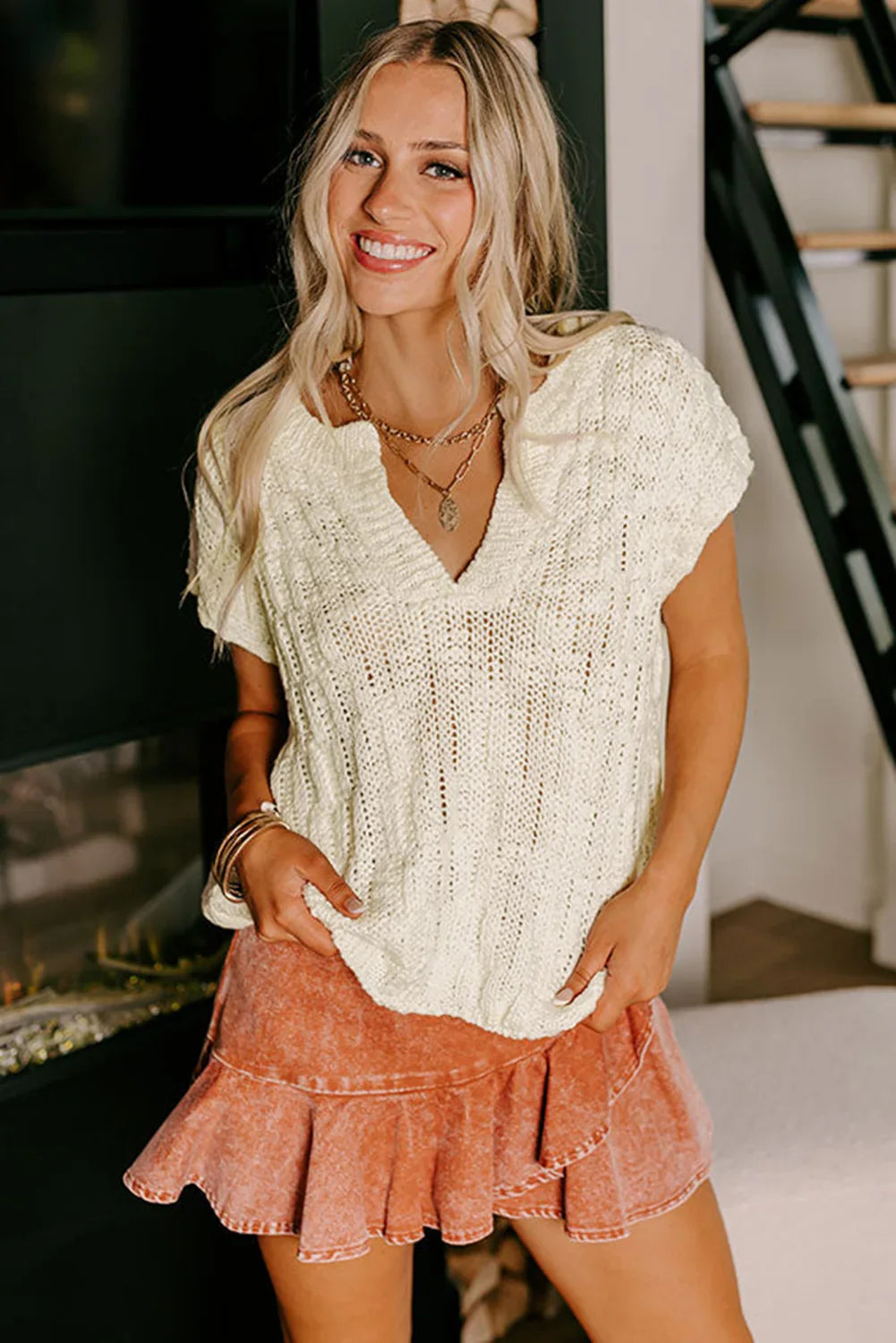 Beige Notched V Neck Short Sleeve Knit Top