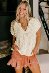 Beige Notched V Neck Short Sleeve Knit Top