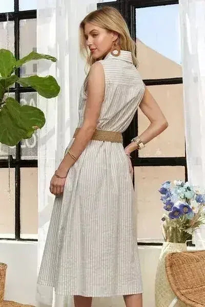 ADORA Striped Button Down Sleeveless Midi Dress - Femstylo