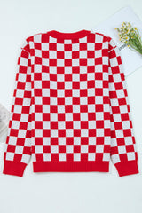 Red Checkered Christmas Tree Pattern Button V Neck Knit Cardigan