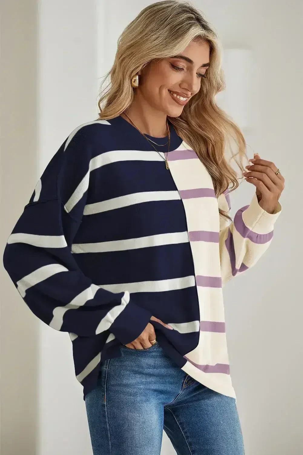 Pink Striped Patchwork Drop Shoulder Sweater - Femstylo