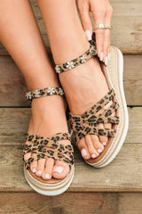 Chestnut Rhinestone Flower Decor Leopard Strappy Wedge Sandals
