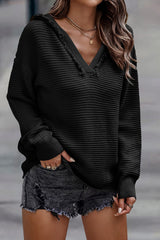 Black Split V Neck Pullover Knit Hooded Sweater