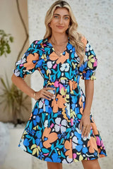 Blue Floral Print Collared Split V Neck Flared Mini Dress - Femstylo
