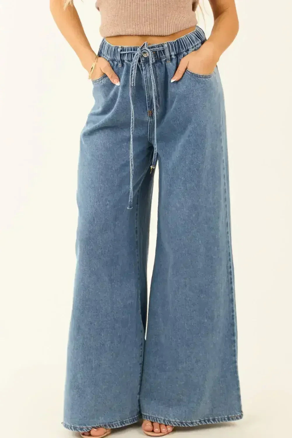 Dusk Blue Medium Wash Drawstring Waist Wide Leg Jeans - Femstylo