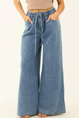 Dusk Blue Medium Wash Drawstring Waist Wide Leg Jeans - Femstylo
